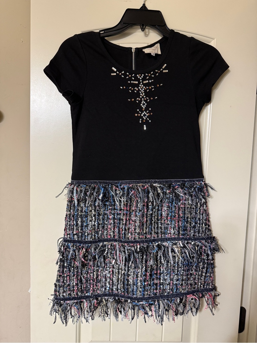 Girls Hannah Banana Black Knit Dress with Tweed Fringe Skirt